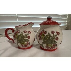 Dutch Wax Ceramic Cream & Sugar Bowl White Red Green Handpainted Floral Embossed